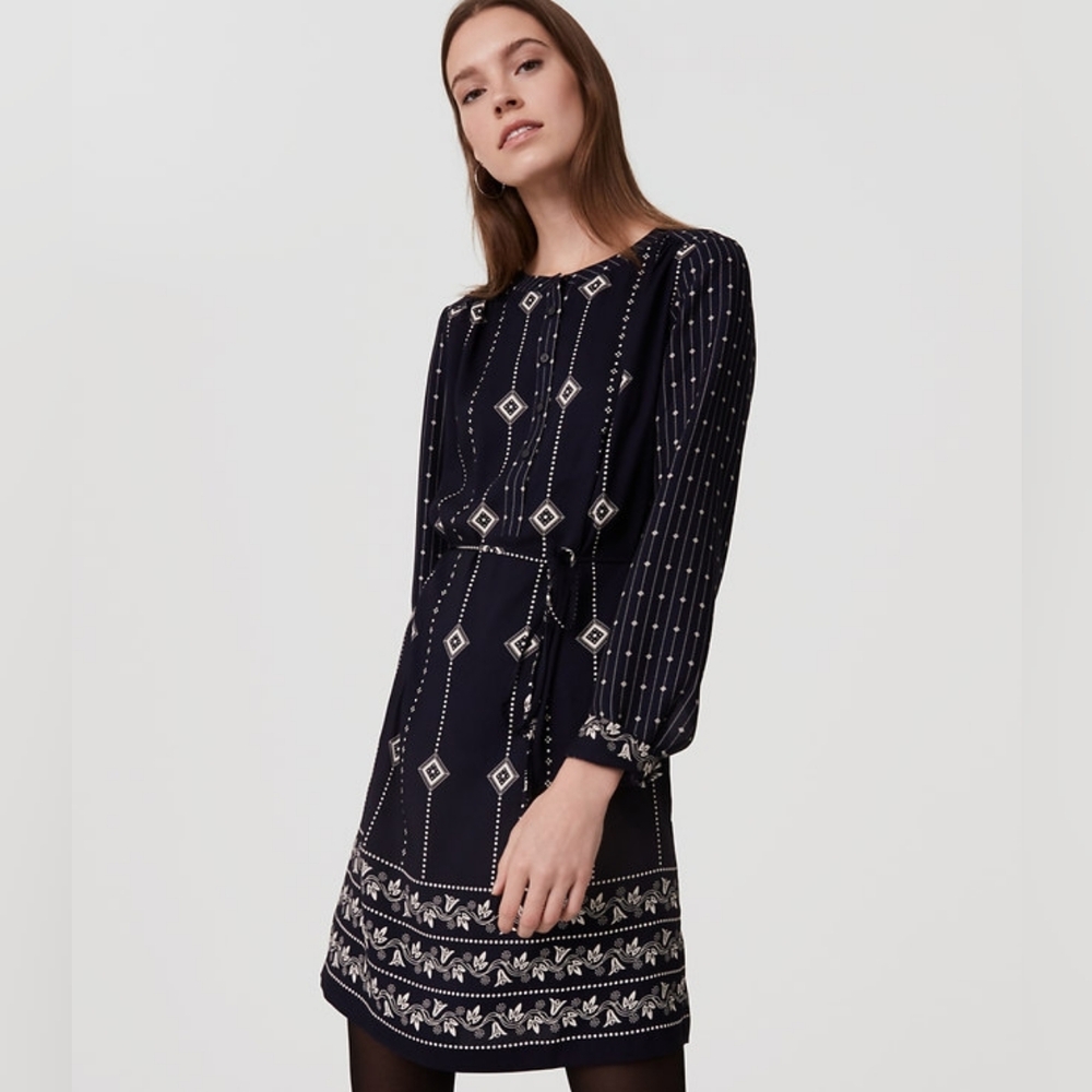 LOFT Navy and White Long Sleeve Dress (Size Small Petites)